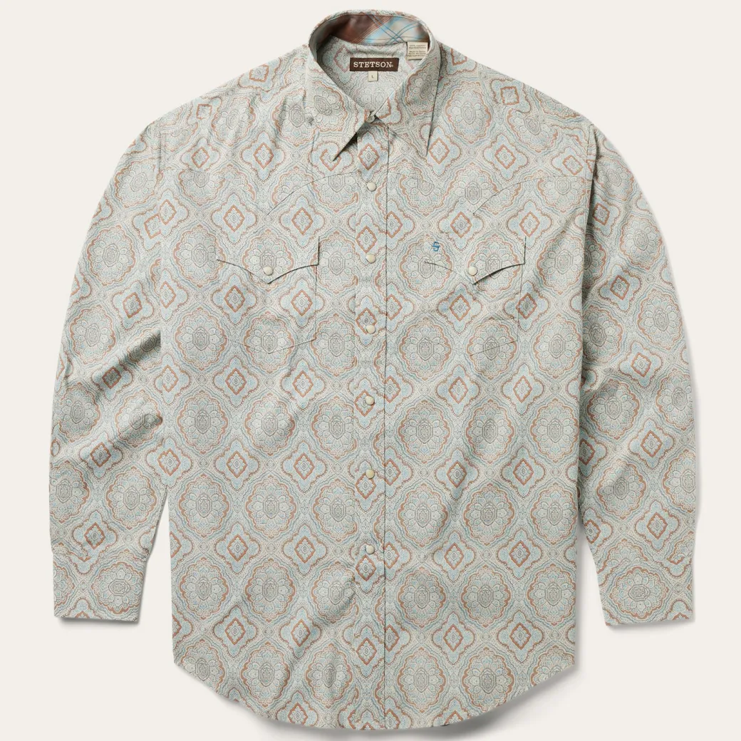 Aqua Paisley Print Western Shirt