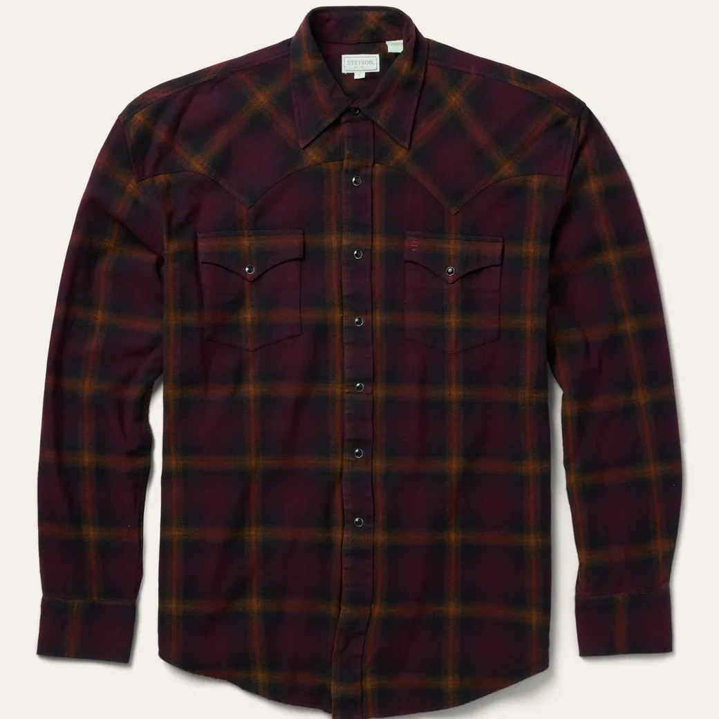 Black Wine Plaid Flannel Western Shirt