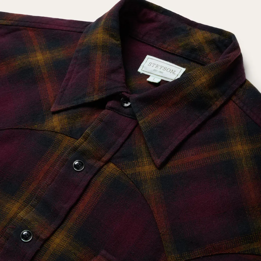 Black Wine Plaid Flannel Western Shirt