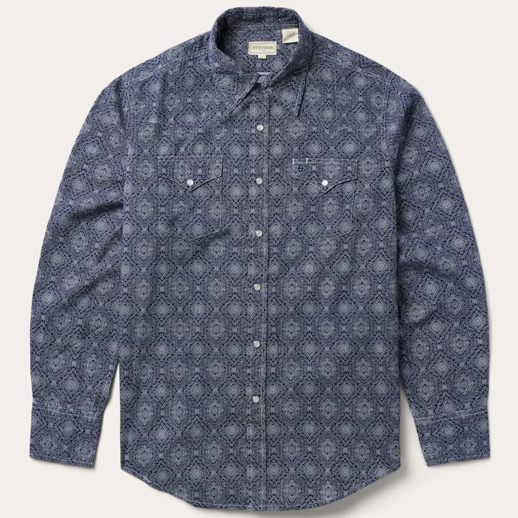Blue Medallion Print Western Shirt