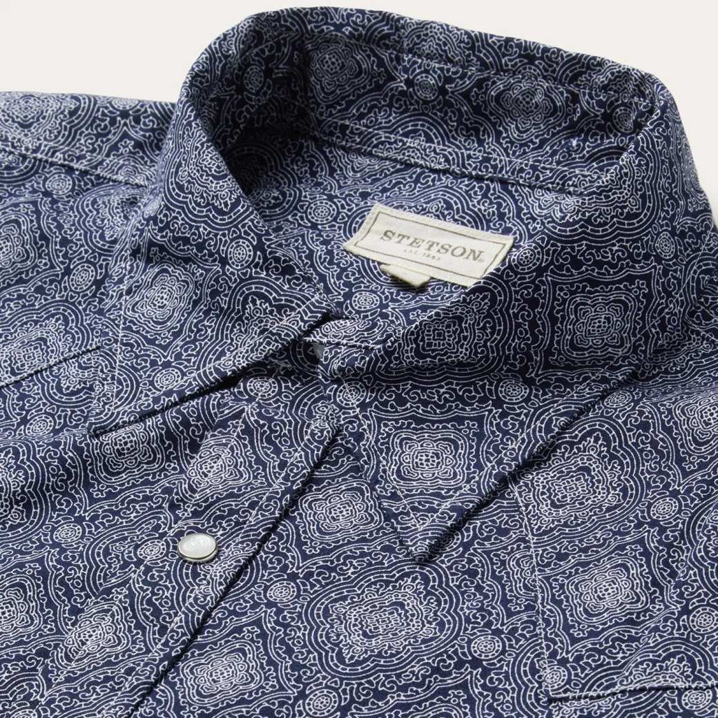 Blue Medallion Print Western Shirt