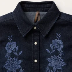Embroidered Dark Denim Snap Front Blouse