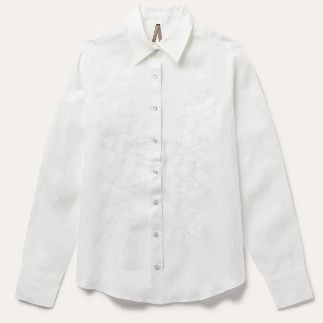 Embroidered White Tonal Stripe Linen Blouse