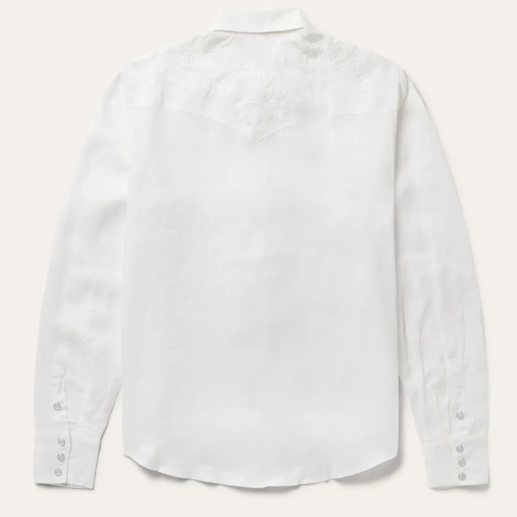 Embroidered White Tonal Stripe Linen Blouse