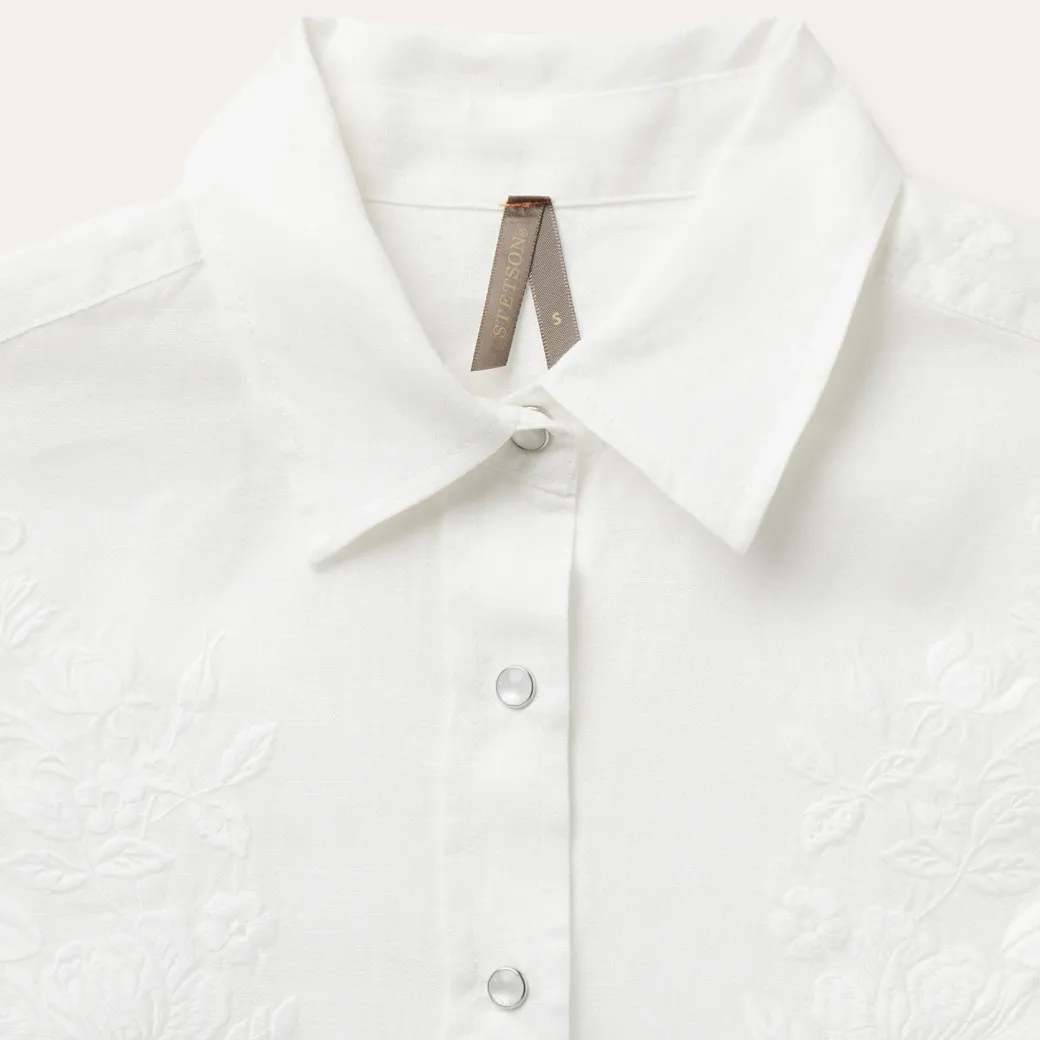 Embroidered White Tonal Stripe Linen Blouse