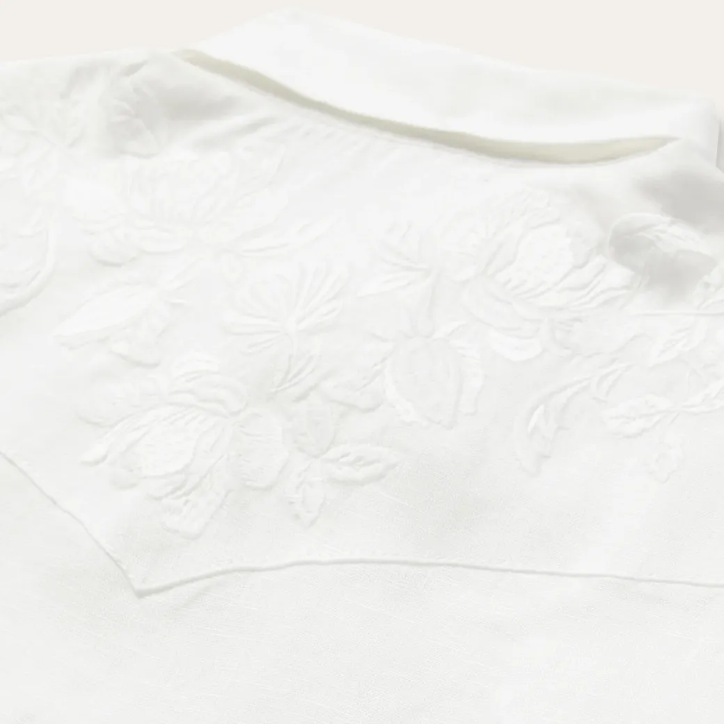 Embroidered White Tonal Stripe Linen Blouse