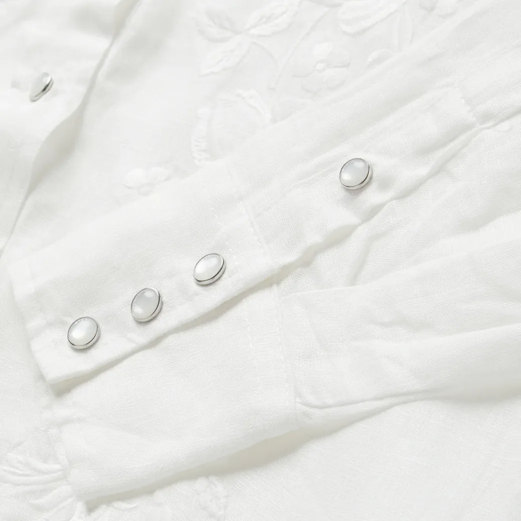 Embroidered White Tonal Stripe Linen Blouse