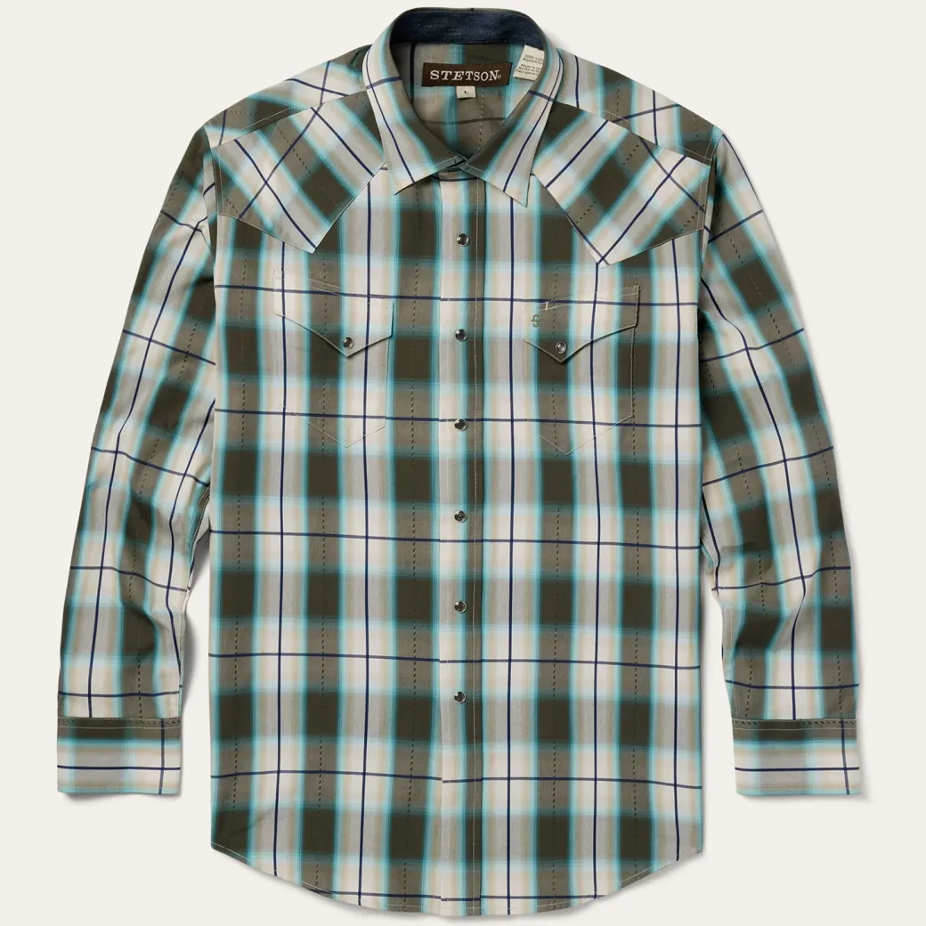 Olive Ombre Plaid Western Shirt